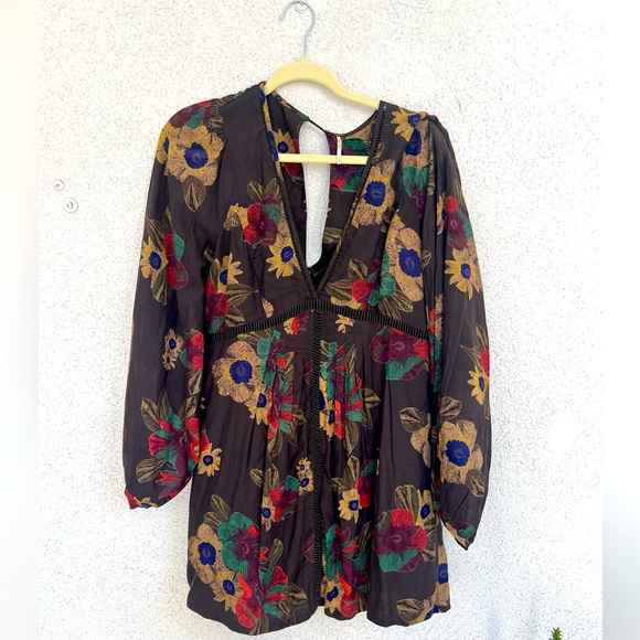 NWOT FREE PEOPLE Strawberry Fields Floral Tunic Dress Brown Long Sleeve Boho SM - Picture 11 of 12